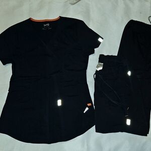 Code Happy Scrub Set In Black & Drawstrings on the Bottoms XXsm Top & Xs Bottoms